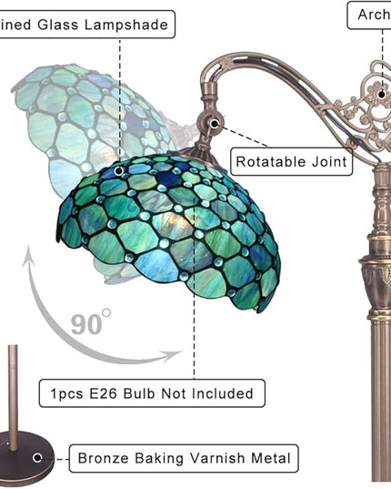 Tiffany Floor Lamp Stained Glass Lamp 18X12X67 Inch Angle Adjustable Arched Gooseneck Antique Reading Light (Sea Blue Pearl) - LeafyLoom