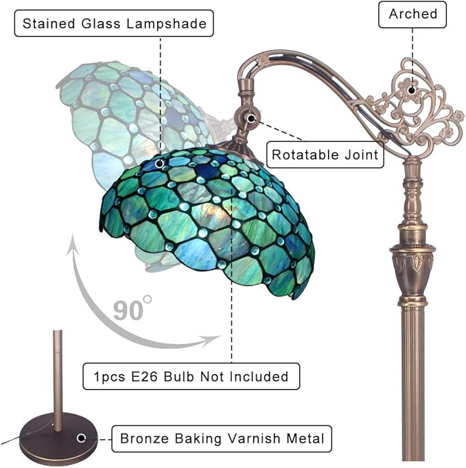 Tiffany Floor Lamp Stained Glass Lamp 18X12X67 Inch Angle Adjustable Arched Gooseneck Antique Reading Light (Sea Blue Pearl) - LeafyLoom