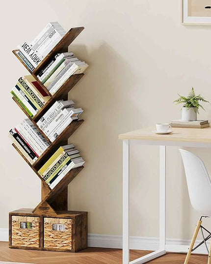 Vagusicc 6 Tier Tree Bookshelf - Retro Shelf Floor Standing Bookcase with Baskets, Tall Wood Book Storage Rack for Books/CDs, Tree Utility Book Organizer Shelves for Living Room, Home Office, Bedroom - LeafyLoom