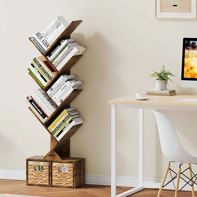 Vagusicc 6 Tier Tree Bookshelf - Retro Shelf Floor Standing Bookcase with Baskets, Tall Wood Book Storage Rack for Books/CDs, Tree Utility Book Organizer Shelves for Living Room, Home Office, Bedroom - LeafyLoom