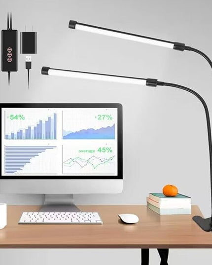 Clip on Lamp, Dual Head Bright Eye-Care 3 Color Mode Desk Lamp with Clamp, 5 Level Dimmer Clip on Light, 360 °Adjustable Clip on Desk Lamp for Reading, Working, Bedroom, Music Stand - LeafyLoom