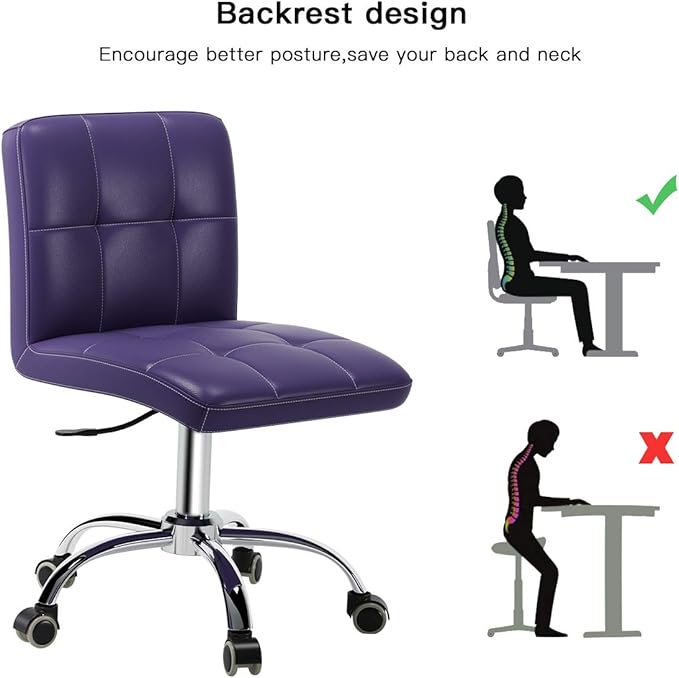 360° Office Desk Chair,PU Adjustable Rolling Task Chair with Backrest for Barber,Office,Home, Computer,360° Swivel,Armless (purple) - LeafyLoom