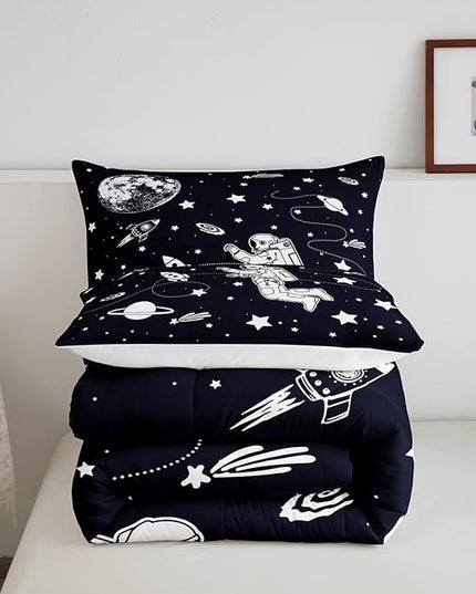 Feelyou Solar System Comforter Set Twin Size Outer Space Comforter for Kids Teens Adults Universe Planets Bedding Set Cute Astronaut Blue White Duvet Set Room Decor 2Pcs with 1 Pillow Case - LeafyLoom