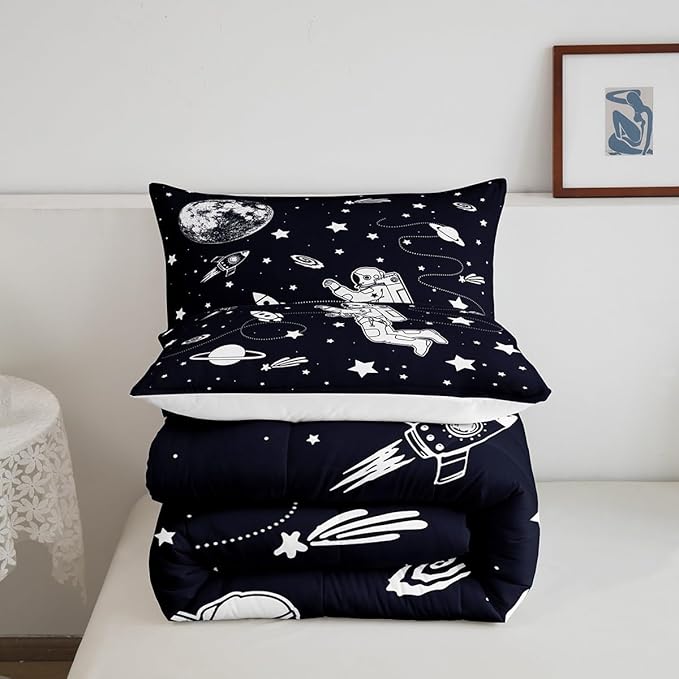 Feelyou Solar System Comforter Set Twin Size Outer Space Comforter for Kids Teens Adults Universe Planets Bedding Set Cute Astronaut Blue White Duvet Set Room Decor 2Pcs with 1 Pillow Case - LeafyLoom