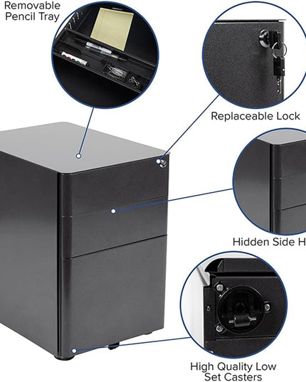 Flash Furniture Warner Modern 3-Drawer Mobile Locking Filing Cabinet with Anti-Tilt Mechanism and Hanging Drawer for Legal & Letter Files, Black - LeafyLoom