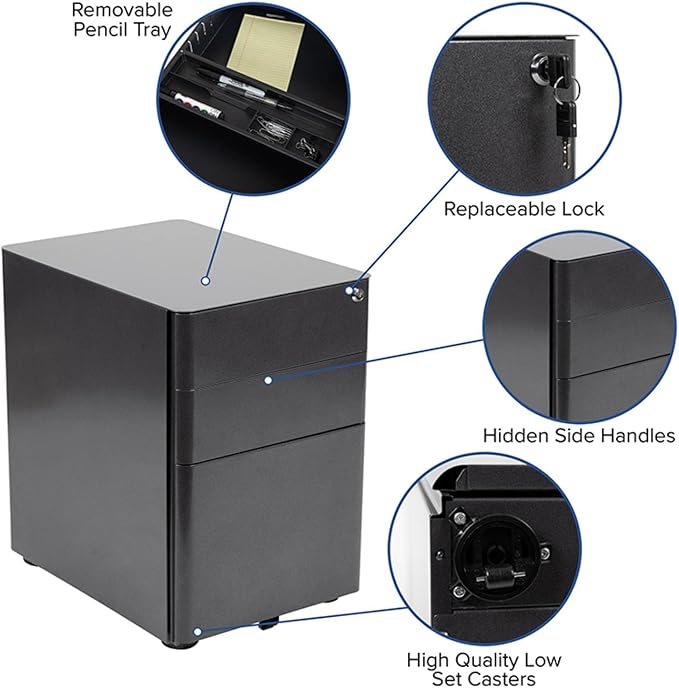 Flash Furniture Warner Modern 3-Drawer Mobile Locking Filing Cabinet with Anti-Tilt Mechanism and Hanging Drawer for Legal & Letter Files, Black - LeafyLoom