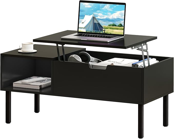 Lift Top Coffee Table with Storage, Black Modern Coffee Table for Living Room & Small Space, Wood Lifting Top Coffee Table with Adjustable Metal Legs - LeafyLoom