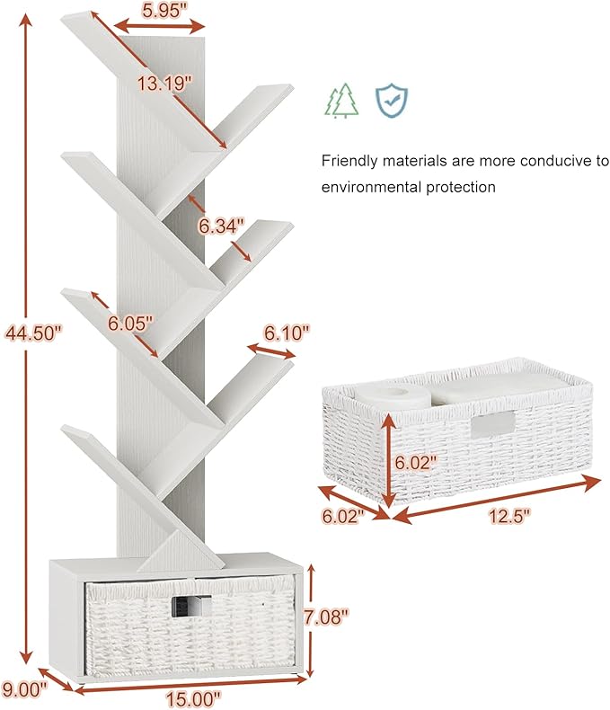 Vagusicc 6 Tier Tree Bookshelf, Modern Floor Standing Bookcase with Storage Drawer, Tall Wood Book Storage Rack for CDs/Books, Utility Book Organizer Shelves for Bedroom/Living Room/Home Office/Corner - LeafyLoom