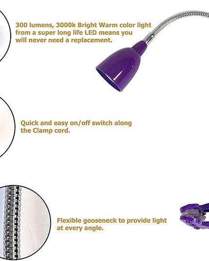 Newhouse Lighting LED Clip on Light/Clamp Lamp/Reading Book Light for Desk, Bed, Office, and Dorm Room, Purple - LeafyLoom