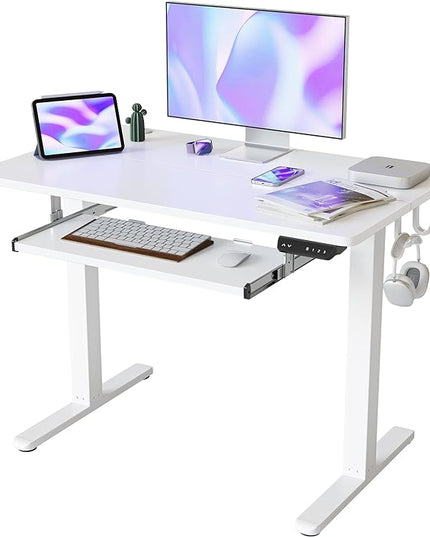 FEZIBO Standing Desk with Keyboard Tray, 40 × 24 Inches Electric Height Adjustable Desk, Sit Stand Up Desk, Computer Office Desk, White - LeafyLoom