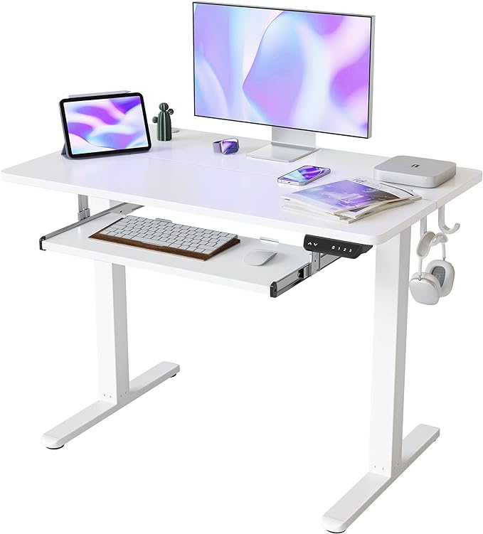 FEZIBO Standing Desk with Keyboard Tray, 40 × 24 Inches Electric Height Adjustable Desk, Sit Stand Up Desk, Computer Office Desk, White - LeafyLoom