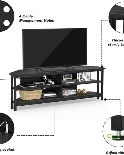 Unikito Corner TV Stand With Power Outlet, Corner Entertainment Center Corner TV Table With 4 Open Storage Corner TV Cabinet Wood TV Stand For Living Room,Bedroom Corner TV Stand For 55 inch TV, Black - LeafyLoom