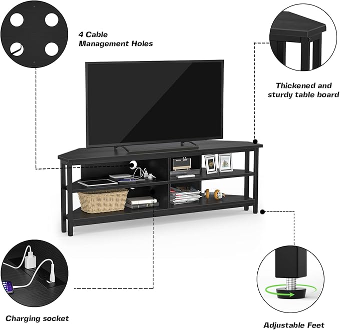 Unikito Corner TV Stand With Power Outlet, Corner Entertainment Center Corner TV Table With 4 Open Storage Corner TV Cabinet Wood TV Stand For Living Room,Bedroom Corner TV Stand For 55 inch TV, Black - LeafyLoom
