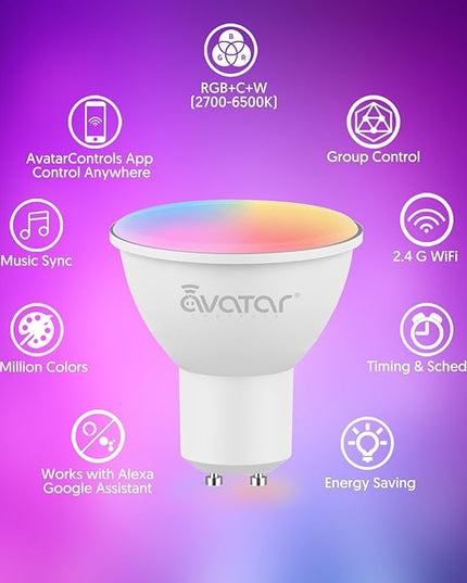 GU10 Smart Bulb 4 Pack, RGBCW Color Changing Alexa LED Light Bulbs 5W - WiFi Track Light Bulbs Dimmable Music Sync 2.4G WiFi Smart Bulbs Compatible with Google Assistant for Kitchen, Bedroom AvatarControls