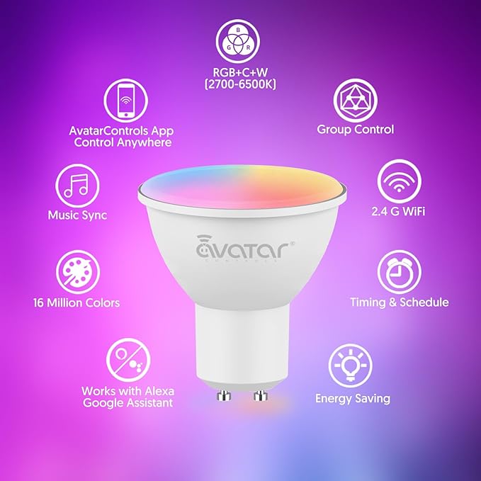 GU10 Smart Bulb 4 Pack, RGBCW Color Changing Alexa LED Light Bulbs 5W - WiFi Track Light Bulbs Dimmable Music Sync 2.4G WiFi Smart Bulbs Compatible with Google Assistant for Kitchen, Bedroom AvatarControls