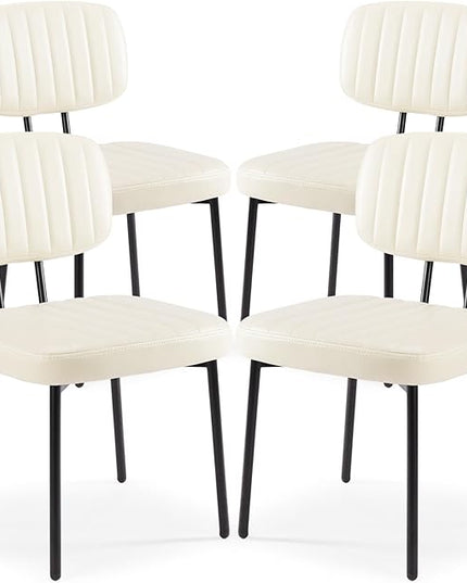 Sweetcrispy Dining Chairs Set of 4, Upholstered Mid Century Modern Kitchen Dining Room Accent Chairs with Faux Leather Cushion Seat & Metal Legs for Kitchen, Living Room - Cream - LeafyLoom