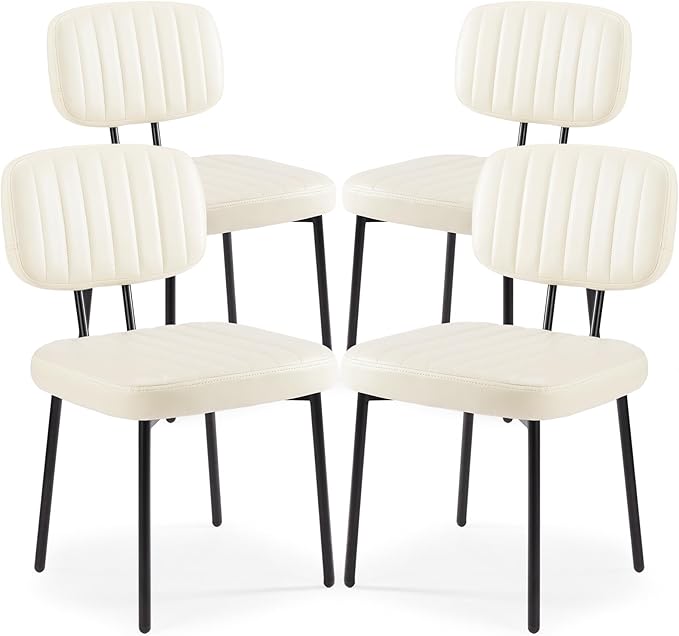 Sweetcrispy Dining Chairs Set of 4, Upholstered Mid Century Modern Kitchen Dining Room Accent Chairs with Faux Leather Cushion Seat & Metal Legs for Kitchen, Living Room - Cream - LeafyLoom