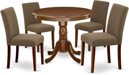 East West Furniture ANAB5-MAH-18 Antique 5 Piece Dining Set for 4 Includes a Round Kitchen Table with Pedestal and 4 Coffee Linen Fabric Upholstered Chairs, 36x36 Inch - LeafyLoom