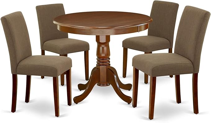 East West Furniture ANAB5-MAH-18 Antique 5 Piece Dining Set for 4 Includes a Round Kitchen Table with Pedestal and 4 Coffee Linen Fabric Upholstered Chairs, 36x36 Inch - LeafyLoom