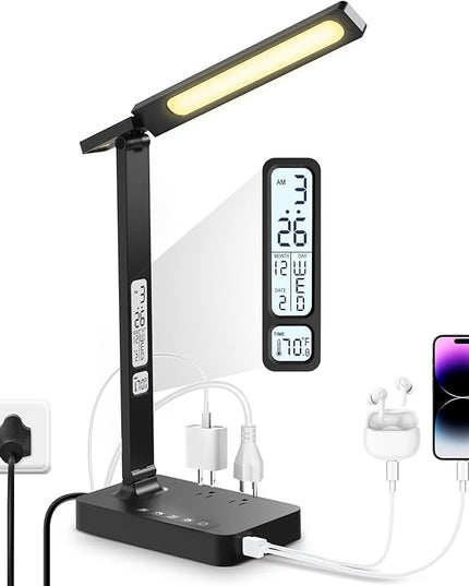 Desk Lamp with USB Charging Port: LED Eye-Caring Smart Table light for Home Office - 1 Type-C, 1 USB-A Charging Port, 2 AC Power Outlets. - LeafyLoom