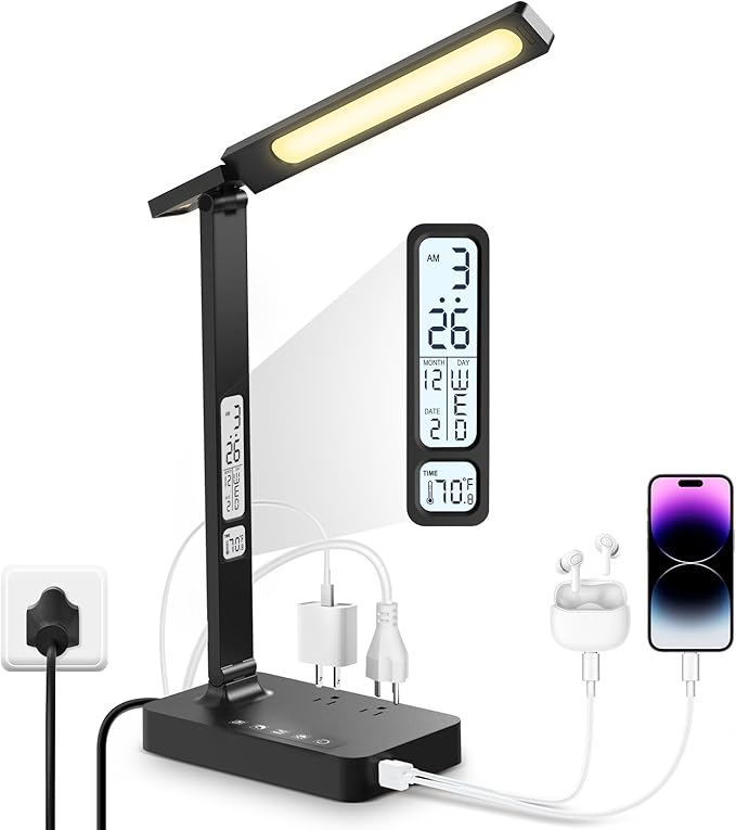 Desk Lamp with USB Charging Port: LED Eye-Caring Smart Table light for Home Office - 1 Type-C, 1 USB-A Charging Port, 2 AC Power Outlets. - LeafyLoom