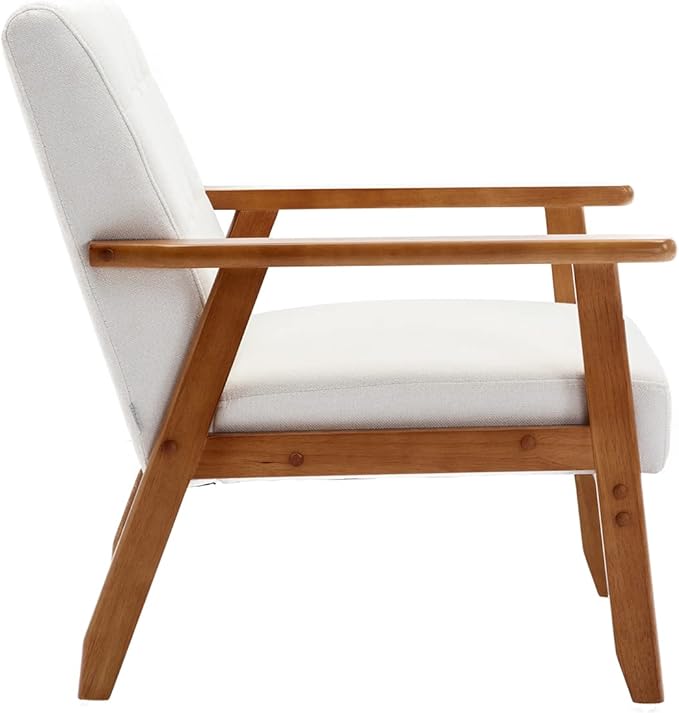 Mid-Century Accent, Modern Single Armchair, Upholstered Leisure Lounge Chair wth Solid Wood Armrest and Feet for Living Room, Bedroom, Office, Beige - LeafyLoom