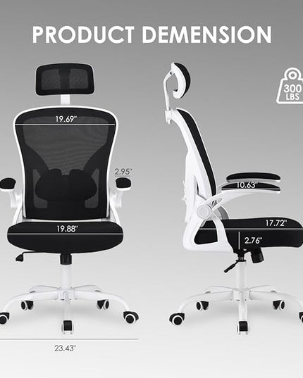 Farini Ergonomic Office Chair, Home Office Desk Chair with Headrest, High Back Computer Chair with Flip-up Armrests and Adjustable Lumbar Support.for Home Office Study Room Bedroom, White - LeafyLoom