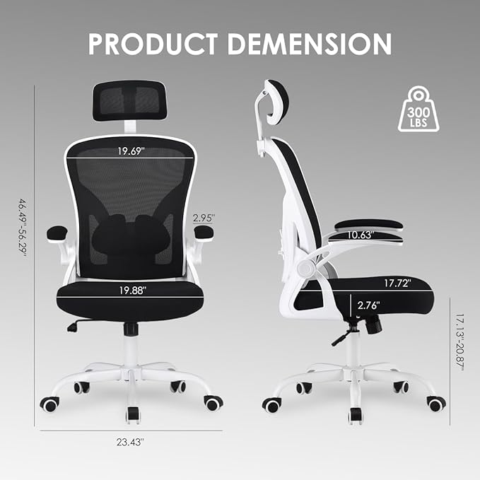 Farini Ergonomic Office Chair, Home Office Desk Chair with Headrest, High Back Computer Chair with Flip-up Armrests and Adjustable Lumbar Support.for Home Office Study Room Bedroom, White - LeafyLoom