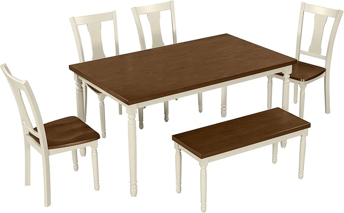 6-Piece Classic Rectangle Wooden Dining Table Set with 4 Chairs and Bench for Kitchen, Brown + Cottage White, 60" L x 35.8" W x 30" H - LeafyLoom