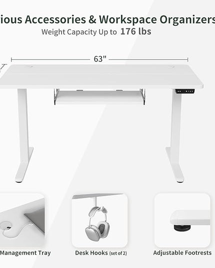 BANTI 63" x 24" Height Adjustable Electric Standing Desk with Keyboard Tray, Sit Stand up Desk with Splice Board, White Frame/White Top - LeafyLoom