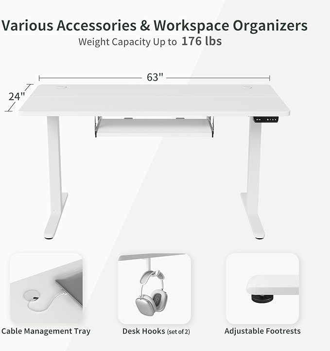 BANTI 63" x 24" Height Adjustable Electric Standing Desk with Keyboard Tray, Sit Stand up Desk with Splice Board, White Frame/White Top - LeafyLoom