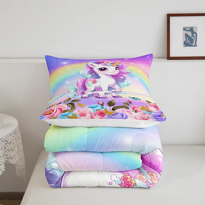 Cute Unicorn Kids Comforter Set Full Size,Rainbow Starry Sky Roses Dreamy Bedding Set,Girls Women Room Decor,Cartoon Animals Flowers Down Comforter,Pink Purple Unique Duvet Insert,2 Pillowcases - LeafyLoom