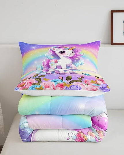 Cute Unicorn Kids Comforter Set King Size,Rainbow Starry Sky Roses Dreamy Bedding Set,Girls Women Room Decor,Cartoon Animals Flowers Down Comforter,Pink Purple Unique Duvet Insert,2 Pillowcases - LeafyLoom
