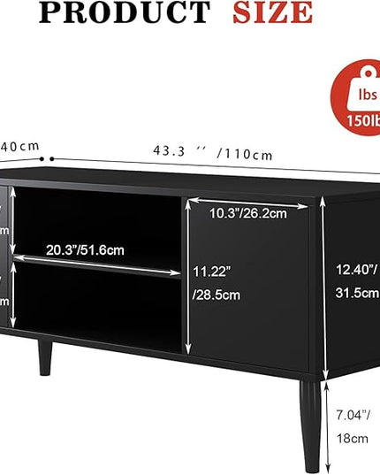 Yusong Retro TV Stand for 55 Inch TV, Entertainment Centers for Living Room Bedroom, Wood TV Bench Table TV Console TV Cabinet with 2 Storage Cabinets and Open Shelves, Black - LeafyLoom