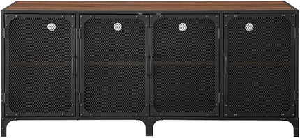 Walker Edison Malcomb Urban Industrial 4 Door Metal Mesh TV Console for TVs up to 65 Inches, 60 Inch, Dark Walnut - LeafyLoom