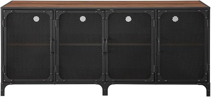 Walker Edison Malcomb Urban Industrial 4 Door Metal Mesh TV Console for TVs up to 65 Inches, 60 Inch, Dark Walnut - LeafyLoom