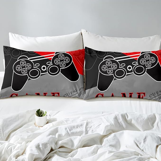 Gaming Bedding Sets for Boys Bedroom Video Gamer Comforter Set Full Size Black Red Game Controller Beddings for Kids Teens 1 Comforter and 2 Pillowcases - LeafyLoom