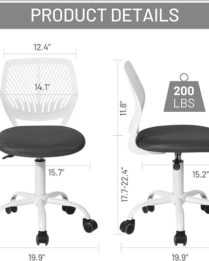 FurnitureR Desk Chair Small Study Chairs Armless for Child Kids Teens, Swivel Rolling Lightweight Task Chair with Wheels and Mesh Padded Cushion, Black/Grey - LeafyLoom