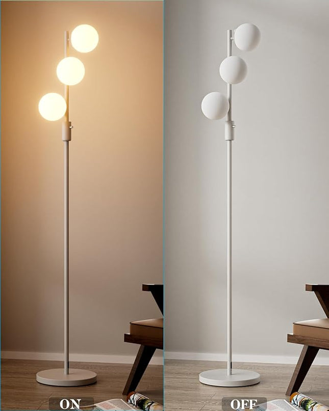 64IN Dimmable White Floor Lamp, Tall Standing Lamps with 3 Globe Soft Warm White Eye Care 3000K G9 Bulbs, Mid Century Modern Floor Lamp for Bedroom Office - LeafyLoom