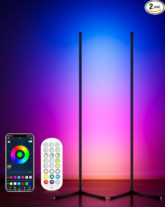 2PCS Corner Floor Lamp, 65" Smart RGB Color Changing LED Floor Lamp with APP and Remote Control, Modern Mood Lighting Corner Lamp with Music Sync, DIY Mode & Timing for Living Room Gaming Room - LeafyLoom