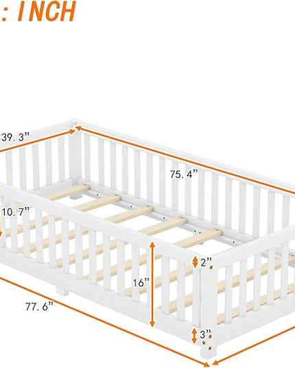 Multifunctional Twin Size Floor Bed with Safety Guardrails and Door, Removable Wood Slats, Montessori Beds Frame for Toddlers, Easy Assembly, for Boys and Girls Room, White - LeafyLoom