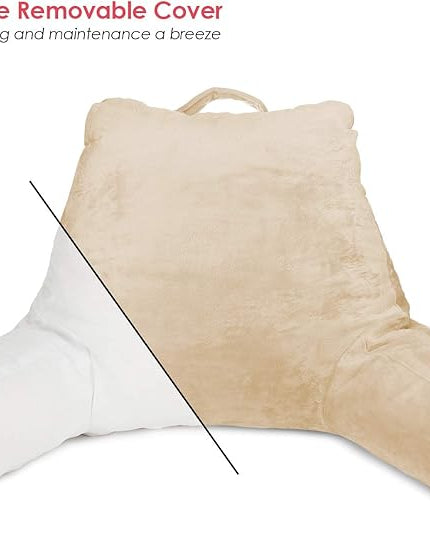 Clara Clark Reading Pillow for Kids, Small Back Pillow for Sitting Up in Bed, Memory Foam Back Support Pillow, Reading Pillows for Sitting in Bed, Beige Cream Gaming Pillow with Arms and Pockets - LeafyLoom