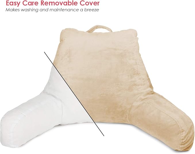Clara Clark Reading Pillow for Kids, Small Back Pillow for Sitting Up in Bed, Memory Foam Back Support Pillow, Reading Pillows for Sitting in Bed, Beige Cream Gaming Pillow with Arms and Pockets - LeafyLoom