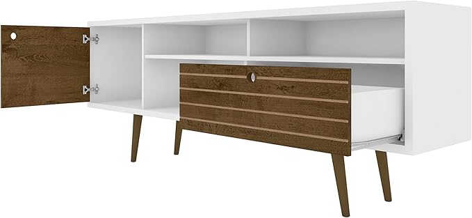 Manhattan Comfort Liberty Mid Century Modern TV Stand for Televisions up to 65 Inches, Bedroom and Living Room Entertainment Center with Storage, Shelves, and Cabinet, 71" Wide, White/Rustic Brown - LeafyLoom