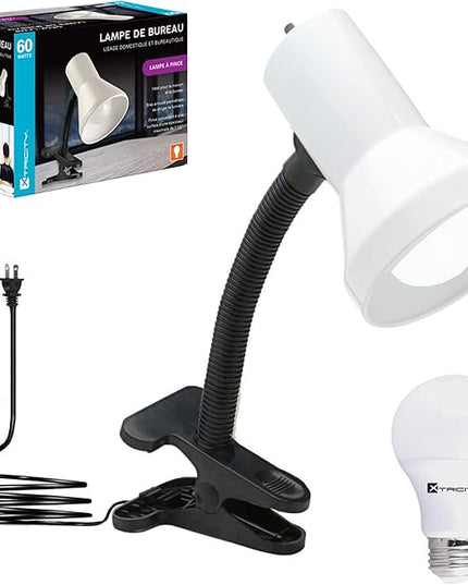 Xtricity clamp Light, Clip on Desk lamp with Adjustable Gooseneck, Clip lamp for Bed 6W A19 LED Bulb Included, 120V, Convenient On/Off Switch, White Finish - LeafyLoom