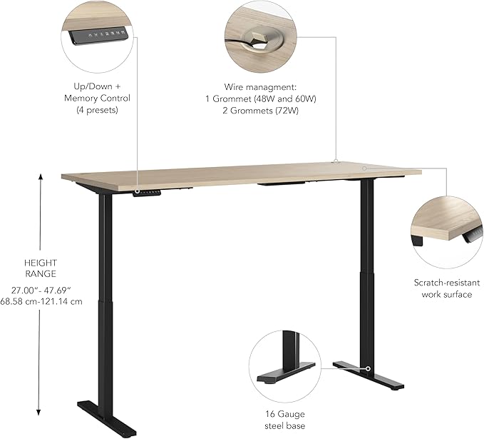 Bush Business Furniture Move 60 Series 72W x 30D Electric in Natural Elm with Black Base, Ergonomic Sit-Stand Computer Table for Home and Professional Office - LeafyLoom
