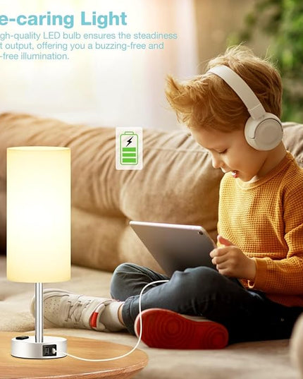 White Touch Bedroom Table Lamp - 3 Way Dimmable Bedside Lamp USB C A Charging Ports and AC Outlet, Small Lamp Nightstand with Silver Base for Living Room, Office Desk, LED Bulb Included - LeafyLoom