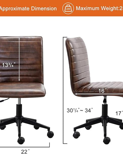 Furniliving Leather Home Office Chair, Armless Vanity Desk Task Chair with Wheels 360° Swivel Computer Rolling Desk Chair with Back, Adjustable Accent Chair with Base Stool - LeafyLoom