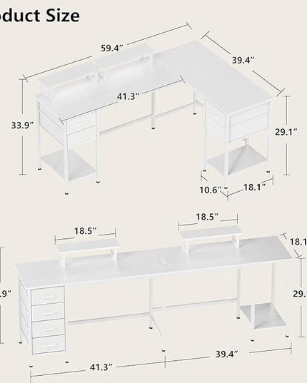 L Shaped Computer Desk with Power Outlets, 59 inch Reversible Home Office Desk with Storage Shelves & 2 Monitor Stands, Gaming Desk with 4 Fabric Drawers for Bedroom, White - LeafyLoom