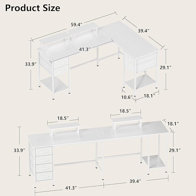 L Shaped Computer Desk with Power Outlets, 59 inch Reversible Home Office Desk with Storage Shelves & 2 Monitor Stands, Gaming Desk with 4 Fabric Drawers for Bedroom, White - LeafyLoom